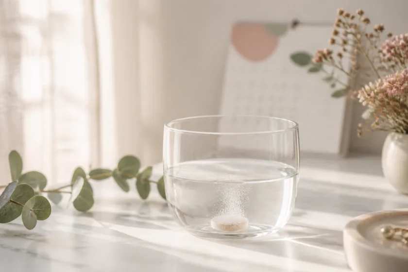 Editorial photograph showing a morning-after pill dissolving in a glass of water on a marble surface, accompanied by soft euc