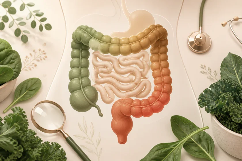 Editorial illustration showing a stylized abstract digestive system transitioning from green to brown tones, surrounded by fr