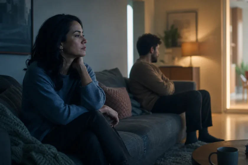 A woman sits apart from her partner in a softly lit living room, conveying emotional unease and the need to reflect on a diff