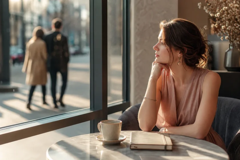 Une femme pensive observe au loin un couple flou depuis la fenêtre d’un café, évoquant l’attirance pour une personne déjà en