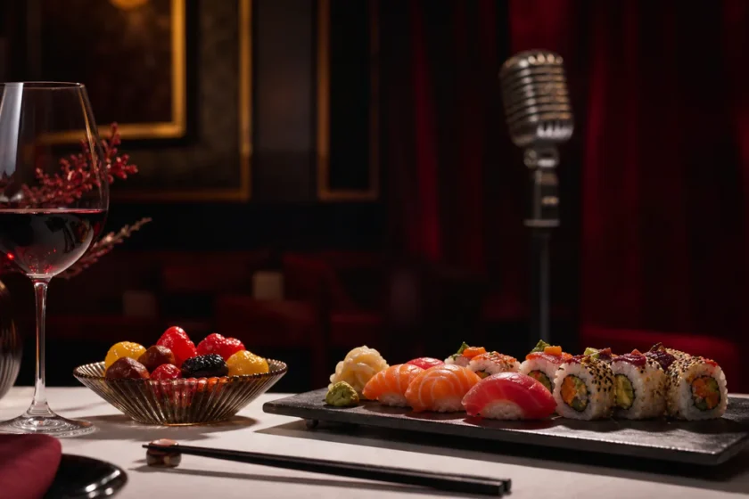 Elegant still life featuring sushi, red wine, colorful candies and a softly blurred stage microphone, symbolizing reported fo