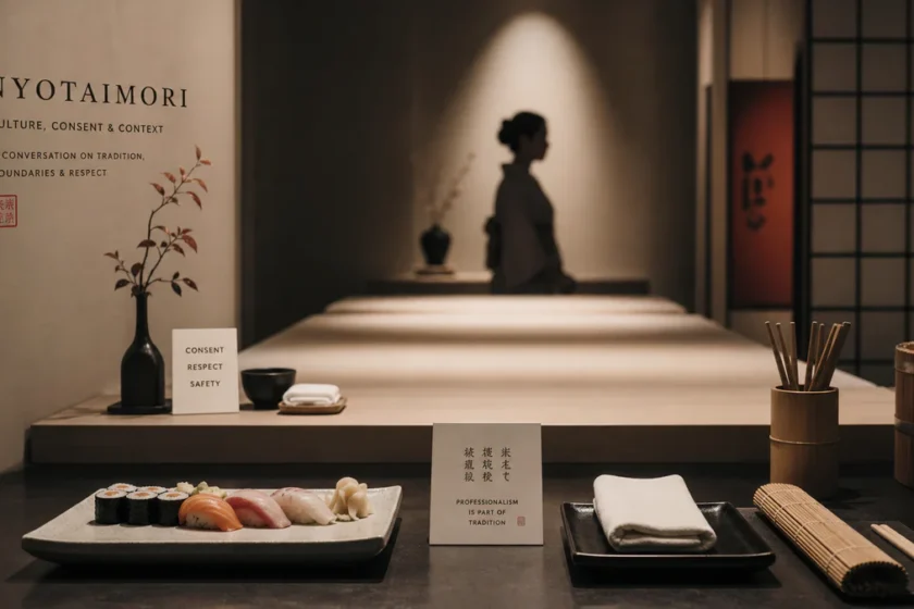Editorial still life evoking nyotaimori through sushi, Japanese dining objects, and a respectfully blurred human silhouette i