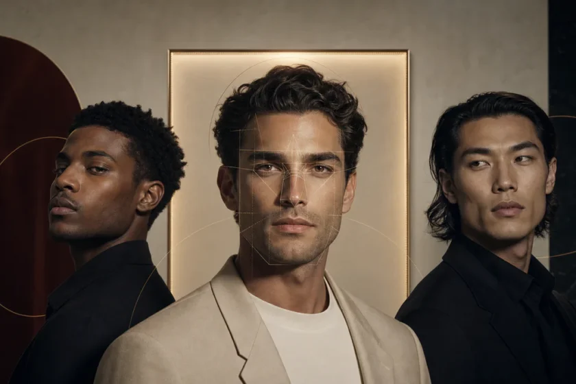 Portrait éditorial conceptuel de plusieurs hommes aux styles et traits distincts, illustrant la diversité des critères de bea
