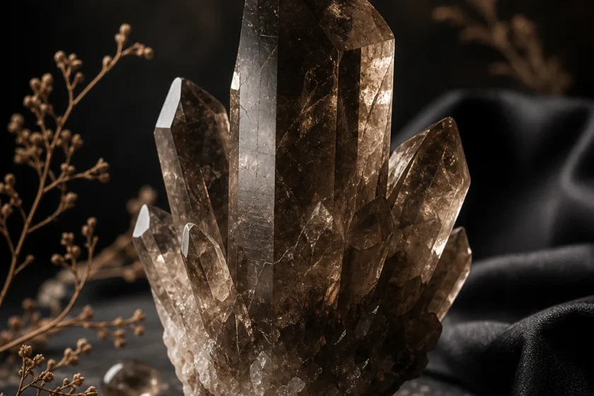 Editorial photograph of a raw smoky quartz crystal cluster in translucent grey-brown tones, displayed on dark slate with soft