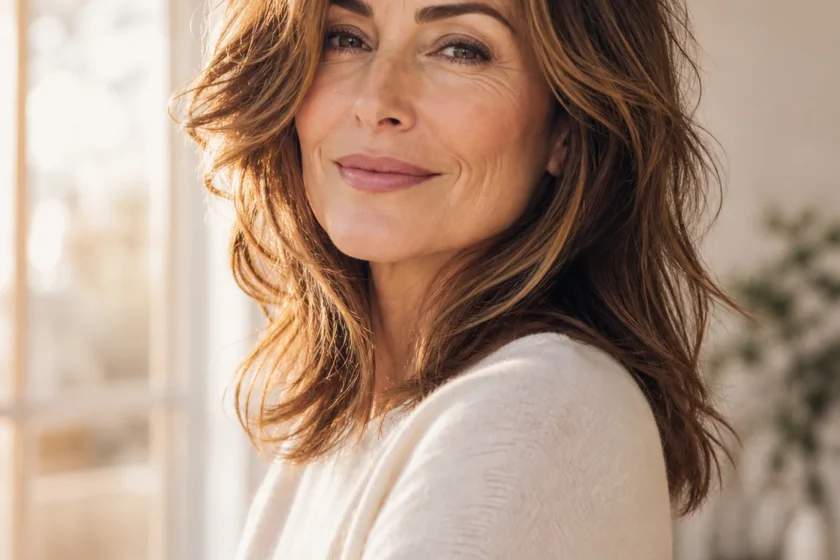 Elegant editorial portrait of a confident woman in her fifties with a modern softly layered haircut featuring natural movemen