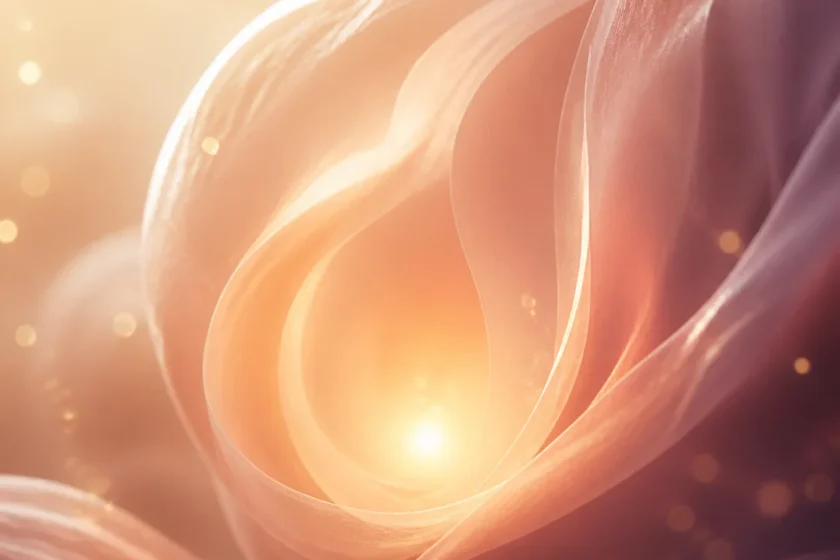 Abstract ethereal composition featuring a soft glowing light within a protective translucent form, rendered in warm rose and