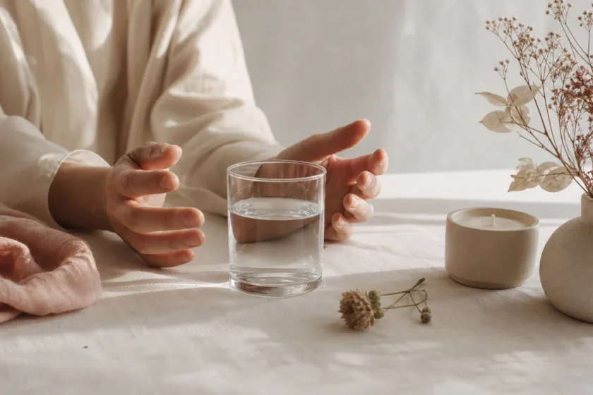 Un verre d'eau entouré de mains dans une scène douce et apaisante évoquant un rituel amoureux symbolique et introspectif.