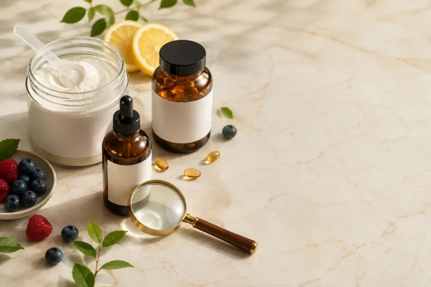 Flat lay photograph showing three forms of collagen supplements—powder in a glass jar, capsules in an amber bottle, and liqui
