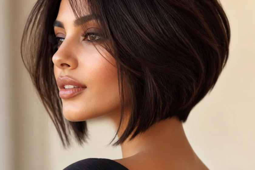 Professional beauty photograph of a woman showcasing a layered inverted bob haircut (carré plongeant dégradé) in three-quarte