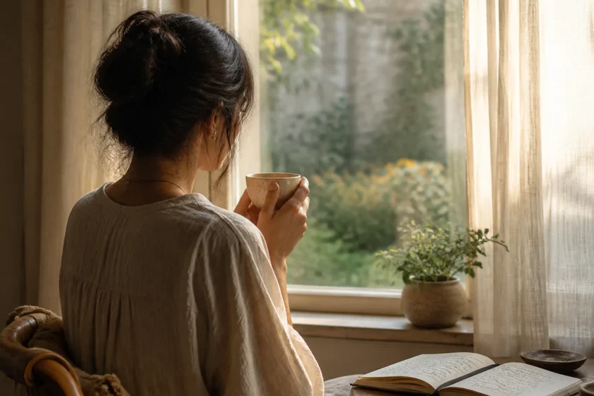 Une femme vue de dos, assise près d'une fenêtre baignée de lumière dorée du matin, tenant une tasse de thé avec un carnet ouv
