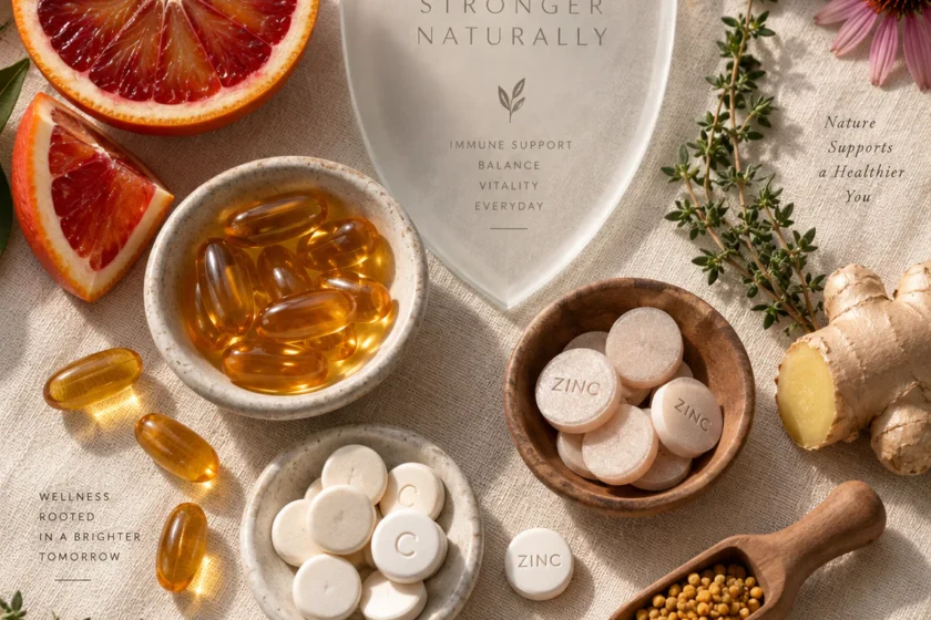 Editorial flat lay photograph showing an artistic arrangement of dietary supplements and natural immune-supporting ingredient