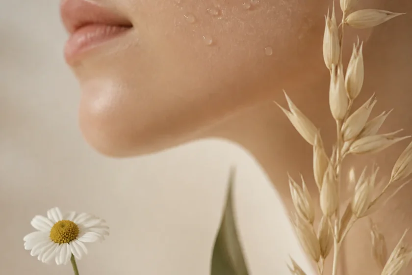 Editorial close-up photograph of luminous bare skin with delicate water droplets and soft botanical elements, conveying gentl