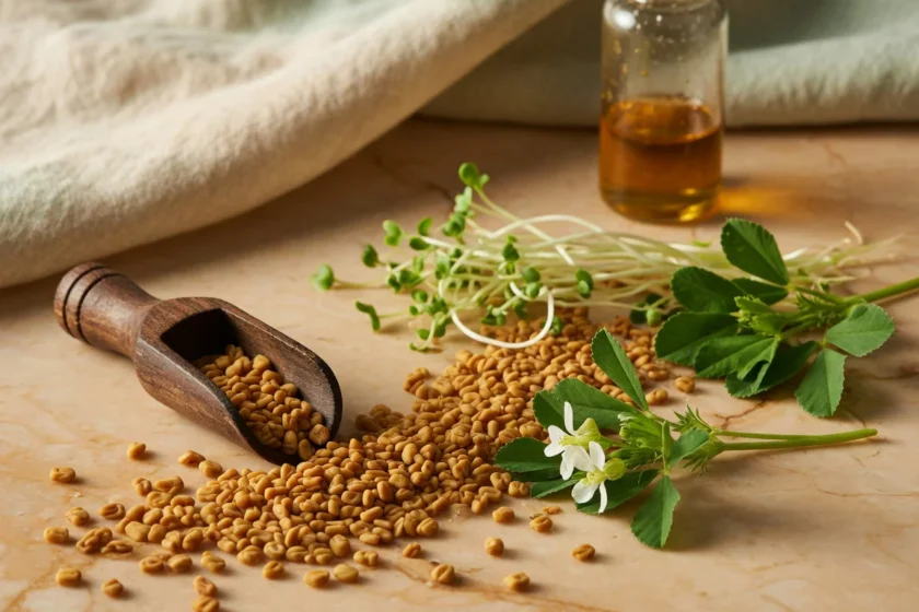 Artistic still life of fenugreek seeds, fresh microgreens and small white flowers arranged on a marble surface, with a glass