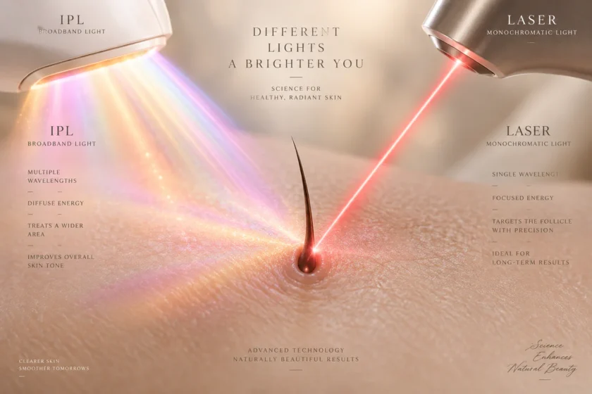 Conceptual editorial image contrasting two light-based hair removal technologies: a soft polychromatic IPL broadband light sc